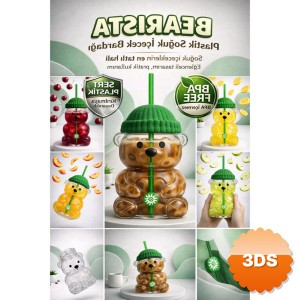 Bearista Plastik Soğuk İçecek Bardağı Pipetli Kapaklı BPA Free