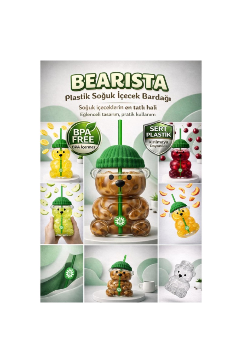 Bearista Plastik Soğuk İçecek Bardağı Pipetli Kapaklı BPA Free