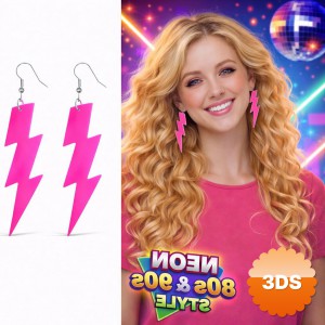 80 Ler 90 Lar Retro Neon Pembe Şimşek Küpe 10 cm
