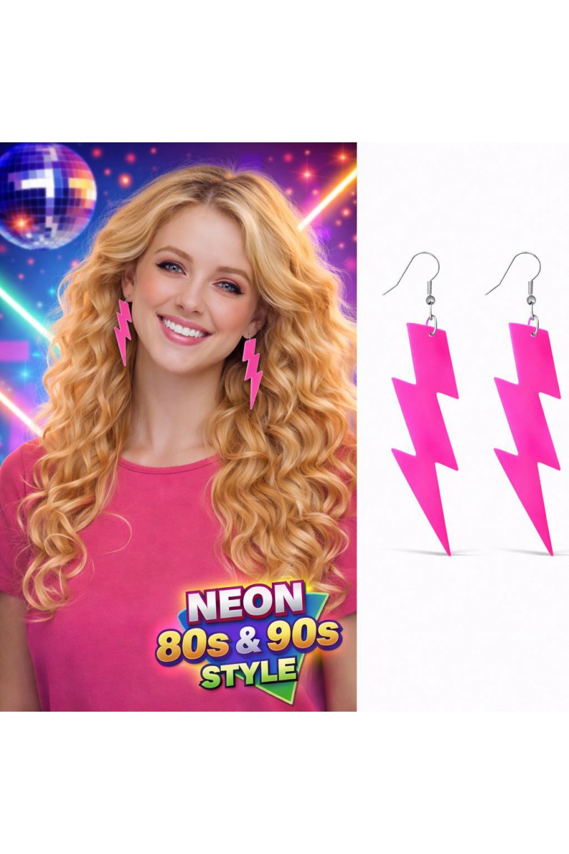 80'ler 90'lar Retro Neon Pembe Şimşek Küpe 10 cm