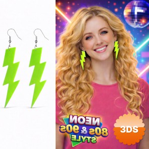 80 Ler 90 Lar Retro Neon Yeşil Şimşek Küpe 10 cm