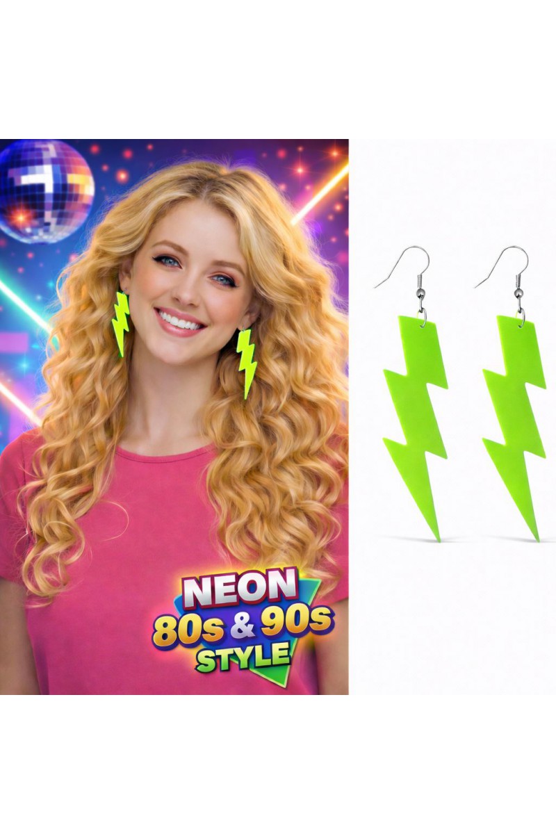 80'ler 90'lar Retro Neon Yeşil Şimşek Küpe 10 cm