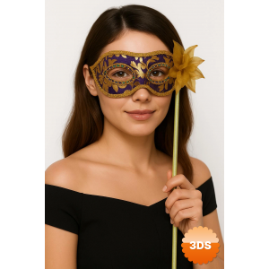 Lüks Taşlı Saplı Maskeli Balo Maskesi Mor Renk 35 Cm