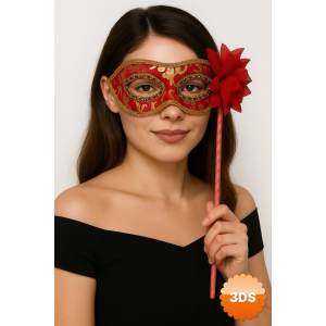 Lüks Taşlı Saplı Maskeli Balo Maskesi Kırmızı Renk 35 Cm