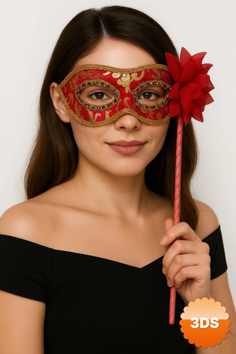 Lüks Taşlı Saplı Maskeli Balo Maskesi Kırmızı Renk 35 Cm
