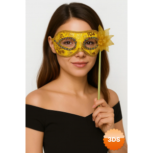 Lüks Taşlı Saplı Maskeli Balo Maskesi Altın Renk 35 Cm