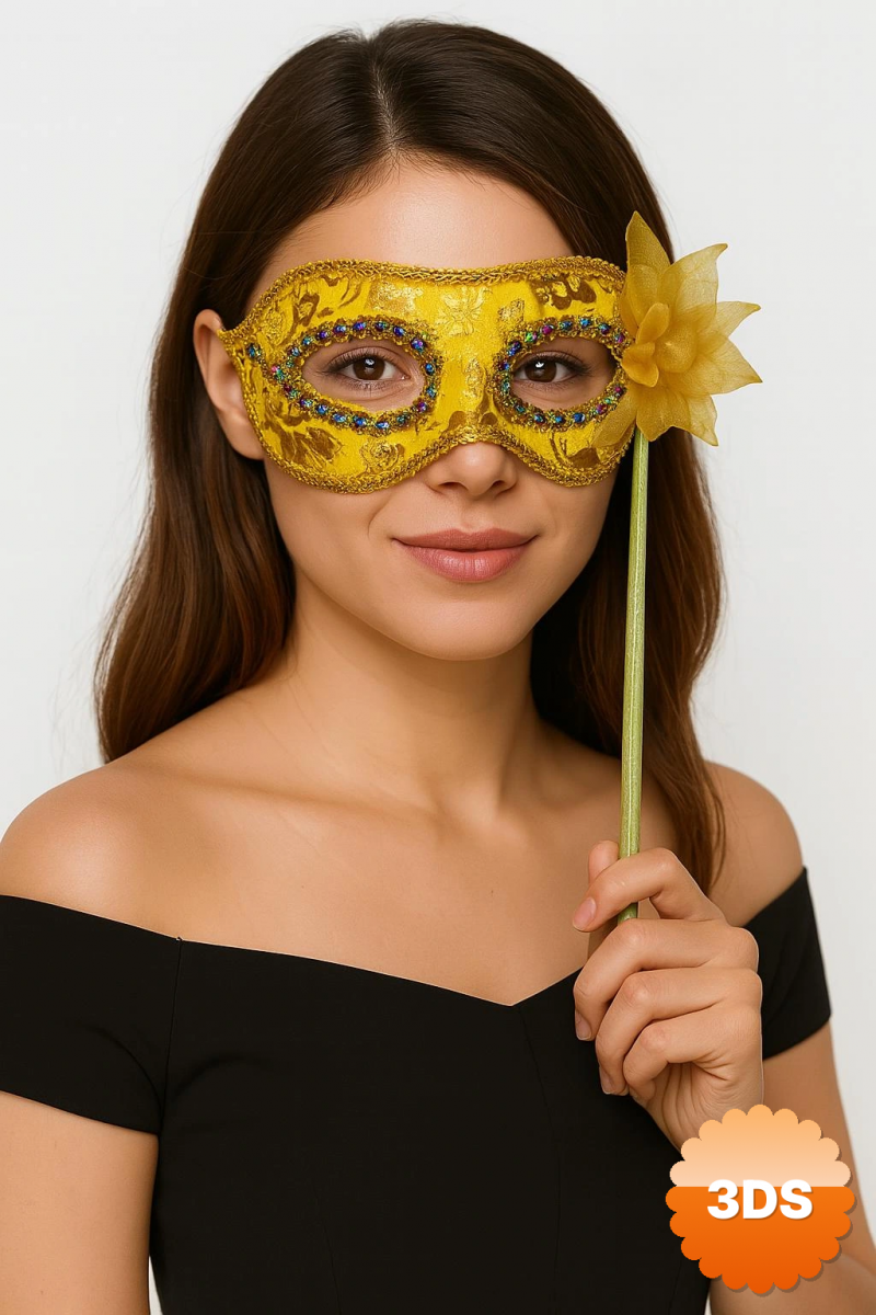 Lüks Taşlı Saplı Maskeli Balo Maskesi Altın Renk 35 Cm