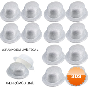 Gümüş Renk Simli Melon Yuvarlak Parti Şapkası 12 Adet