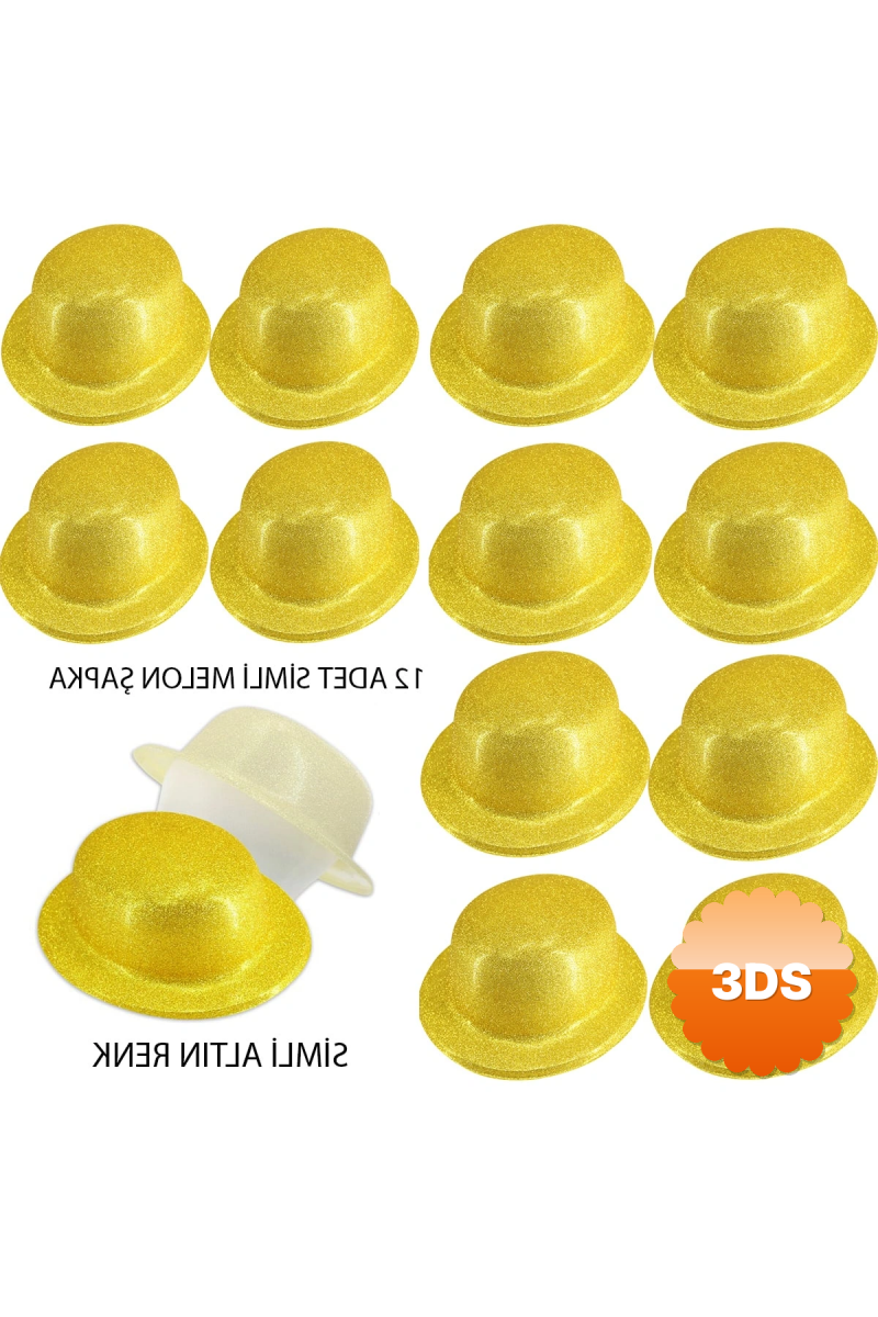 Altın Renk Simli Melon Yuvarlak Parti Şapkası 12 Adet