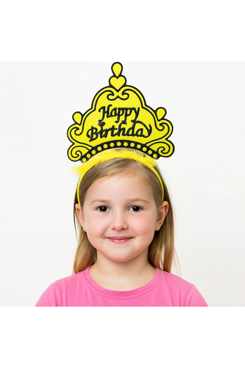 Sarı Happy Birthday Prenses Tacı – Doğum Günü Taç Aksesuarı