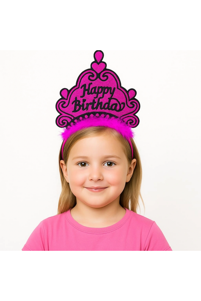 Fuşya Happy Birthday Prenses Tacı – Doğum Günü Taç Aksesuarı