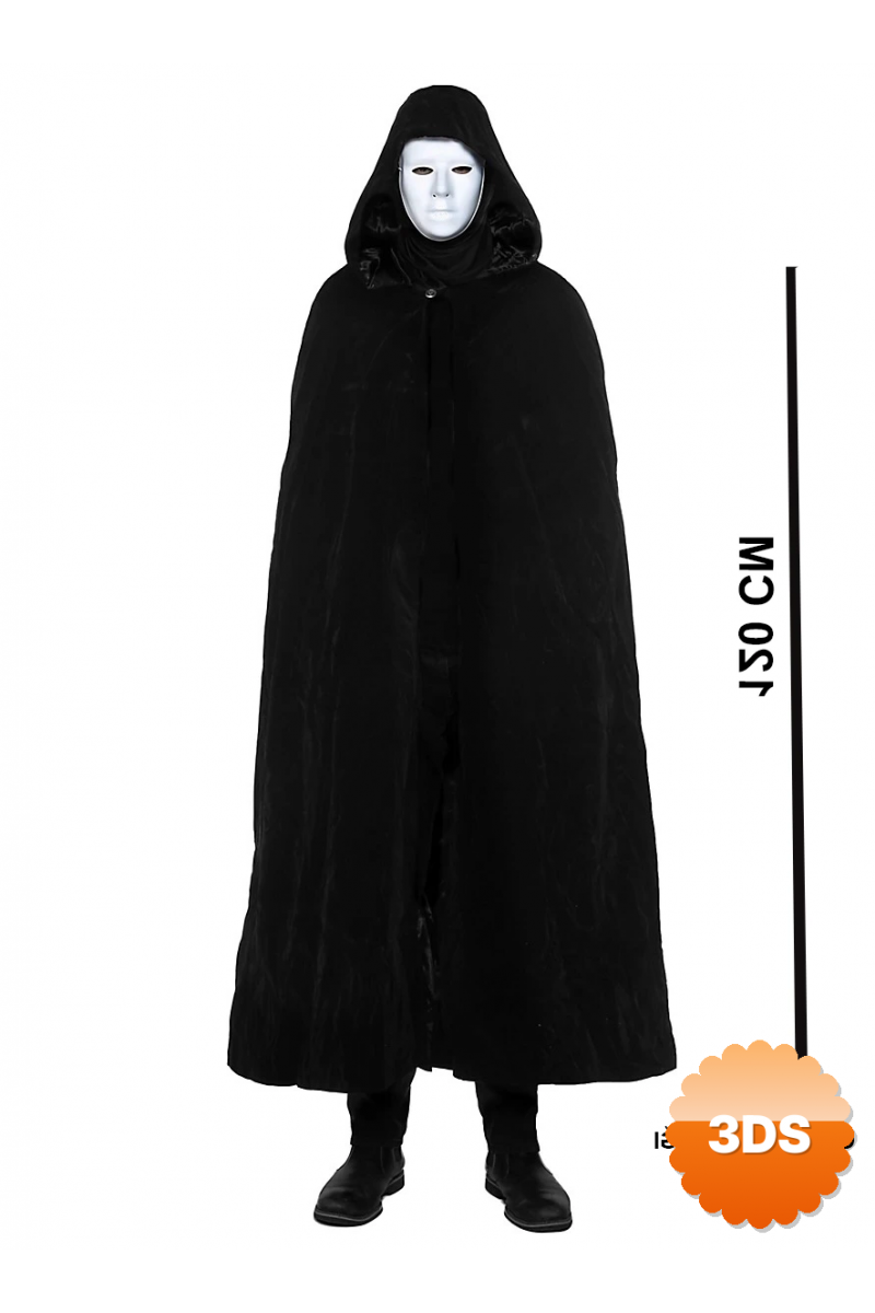 Siyah Kapüşonlu 120 Cm Pelerin Ve Beyaz Boyanabilir Tam Yüz Maske