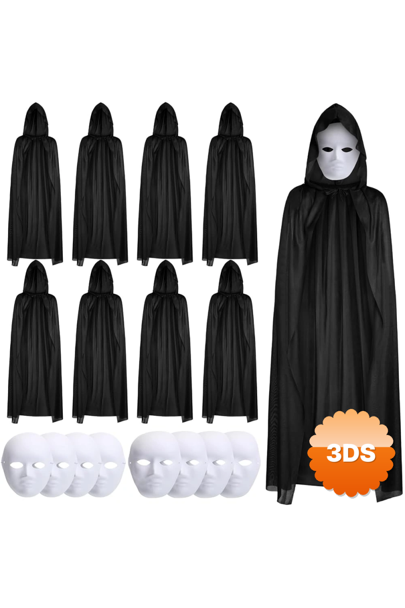 120 Cm Siyah Kapüşonlu Pelerin Ve Boyanabilir Karton Maske 8’li Set