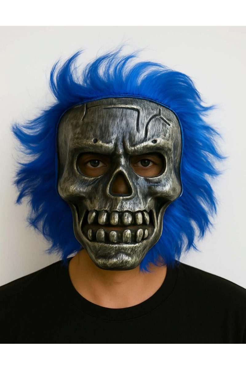Wild Skull - Gümüş Kafatası Mavi Saçlı İskelet Maske