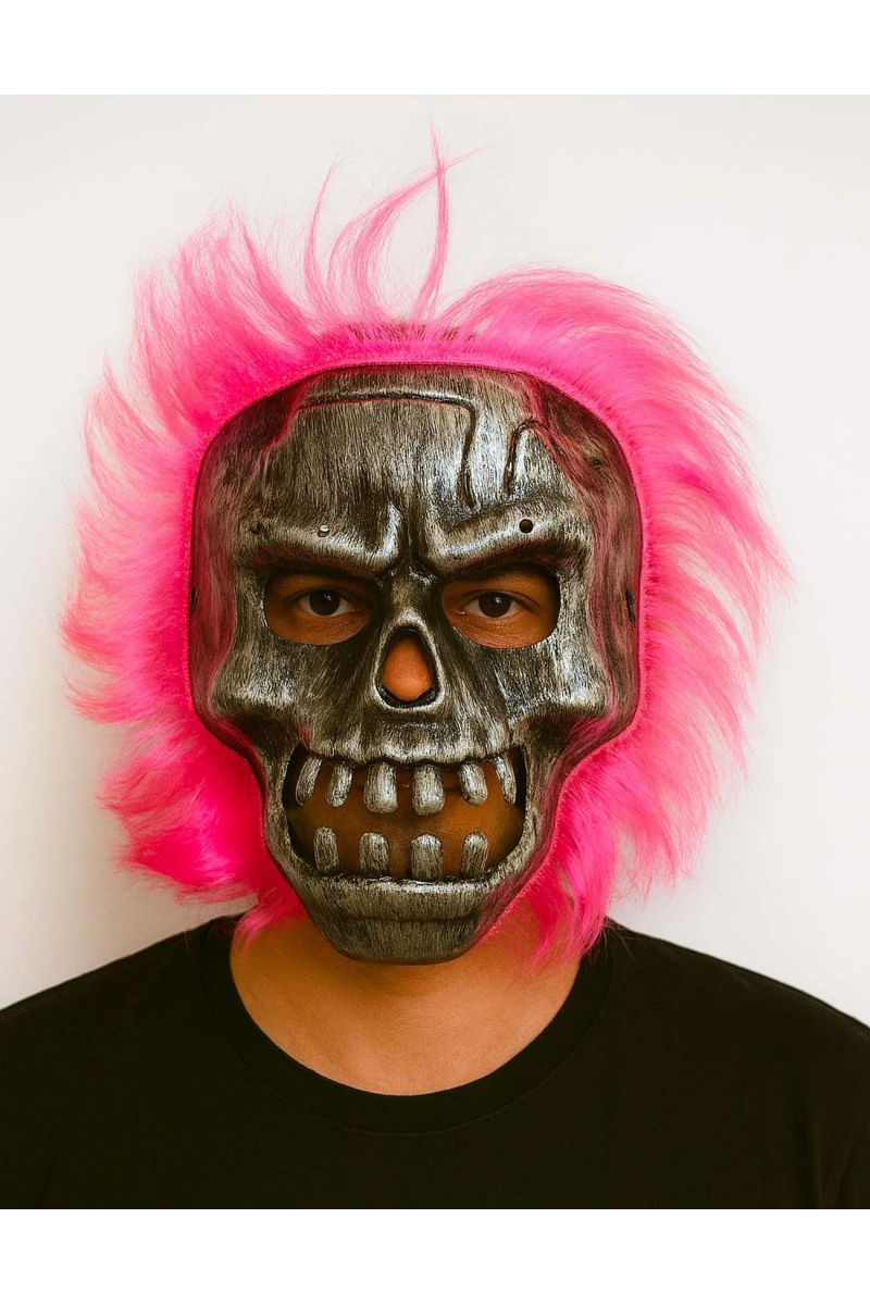 Wild Skull - Gümüş Kafatası Pembe Saçlı İskelet Maske
