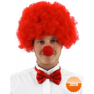 Kırmızı Renk Kıvırcık Afro Bonus Peruk Takma Saç Ve Kırmızı Burun Seti