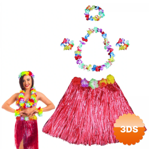 Hawaii Dans Kostümü – Kırmızı Hula Etek & Çiçek Kolye Seti