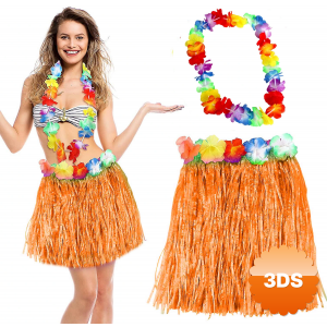 Hawaii Luau Aloha Turuncu Püsküllü 40 Cm Etek Ve Hawaii Kolye Seti