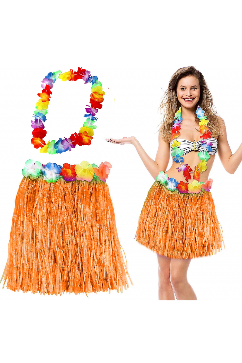 Hawaii Luau Aloha Turuncu Püsküllü 40 Cm Etek Ve Hawaii Kolye Seti