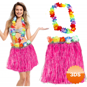 Hawaii Luau Aloha Pembe Püsküllü 40 Cm Etek Ve Hawaii Kolye Seti