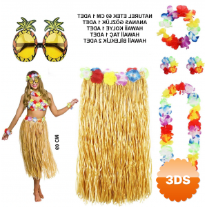 Hawaii Parti Kostüm Seti - 60 Cm Hasır Etek, Çiçekli Aksesuarlar Ve Ananas Gözlük