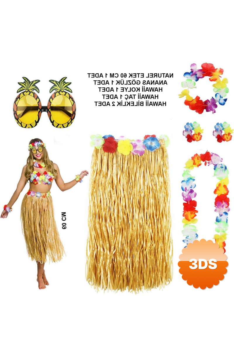 Hawaii Parti Kostüm Seti - 60 Cm Hasır Etek, Çiçekli Aksesuarlar Ve Ananas Gözlük