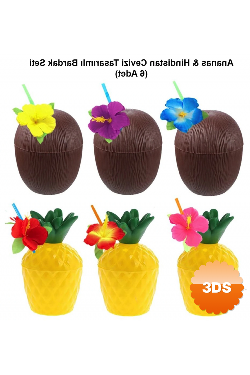 Ananas & Hindistan Cevizi Tasarımlı Pipetli Bardak Seti (6 Adet)