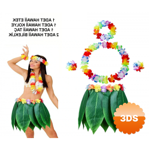 Yetişkin Hawaii Kostüm Seti - Yaprak Etek & Hawaii Set - 5 Parça