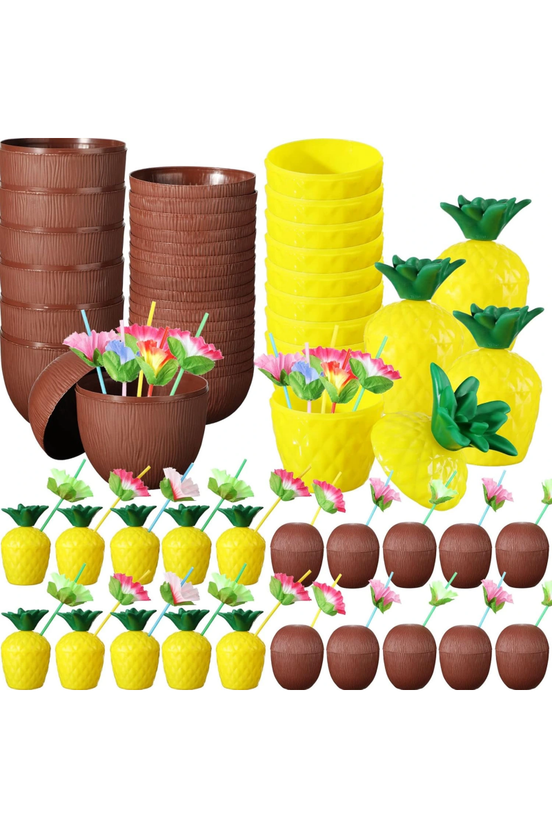 Tropikal Parti Bardak Seti – Ananas Ve Hindistan Cevizi Şekilli Pipetli Bardaklar (20 Adet)