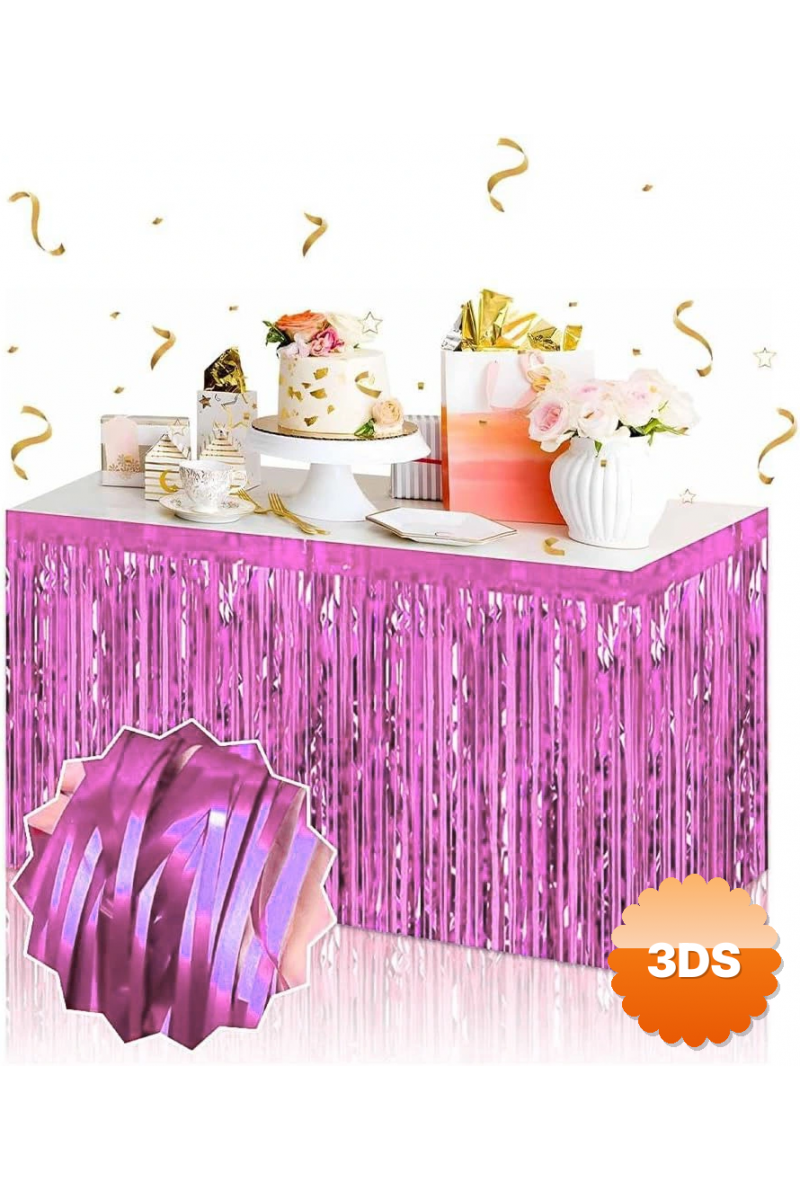 Kendinden Yapışkanlı Pembe Metalize Püsküllü Masa Eteği – 75 X 275 Cm Parti Süslemesi