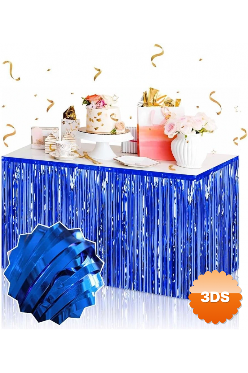 Kendinden Yapışkanlı Mavi Metalize Püsküllü Masa Eteği – 75 X 275 Cm Parti Süslemesi