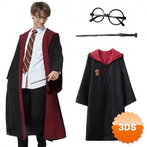 Harry Potter Gryffindor Kapişonlu Çocuk Kostüm + Asa + Gözlük Seti 9 - 10 Yaş