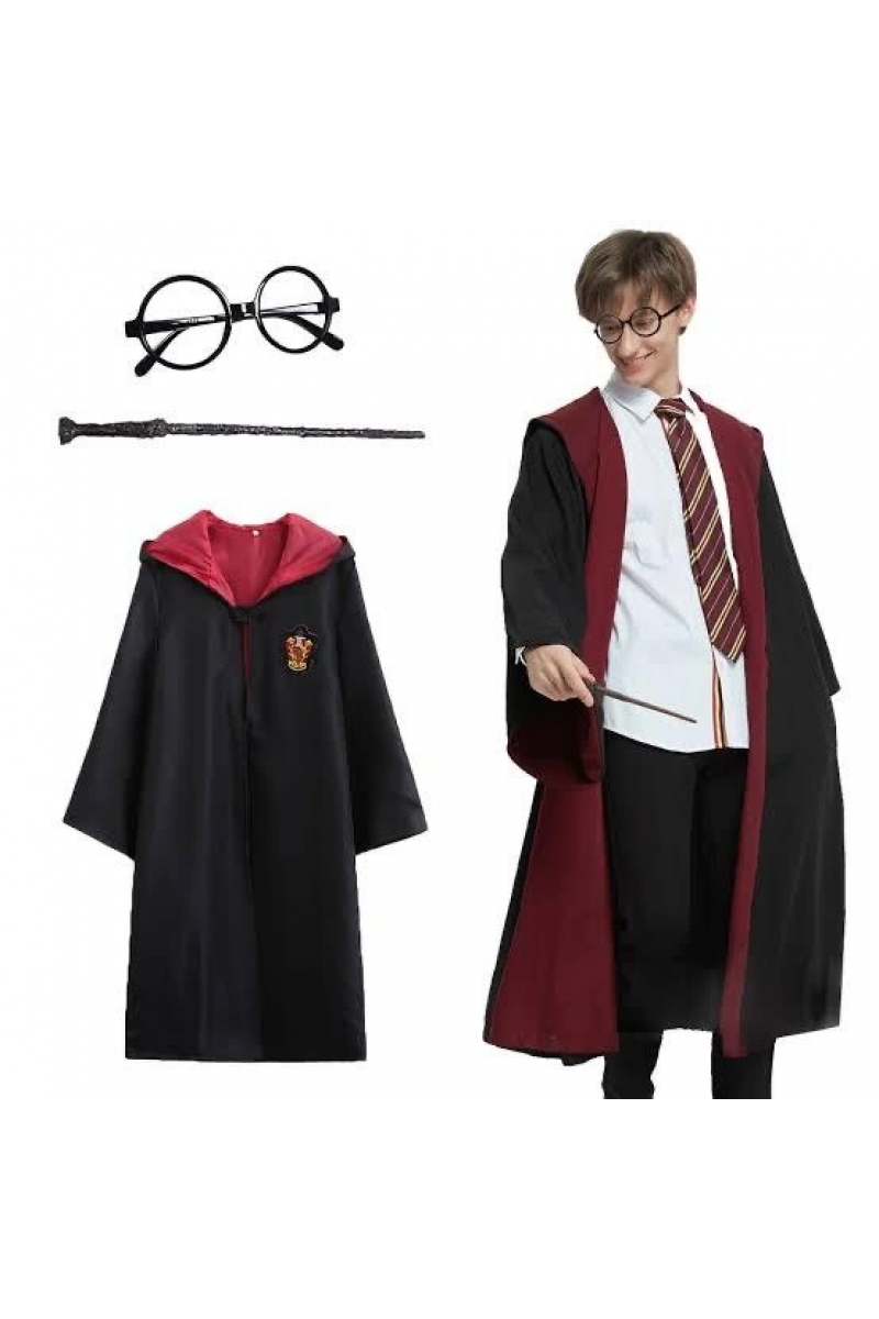 Harry Potter Gryffindor Kapişonlu Çocuk Kostüm + Asa + Gözlük Seti 5 - 6 Yaş