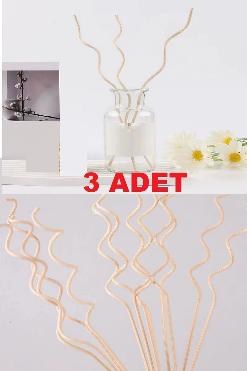 3 Adet Dalgalı Model Aromaterapi Dağıtıcı Rattan Sopa - Ev Dekor Şişe - Koku Yağı Ahşap Difüzör Çubuk