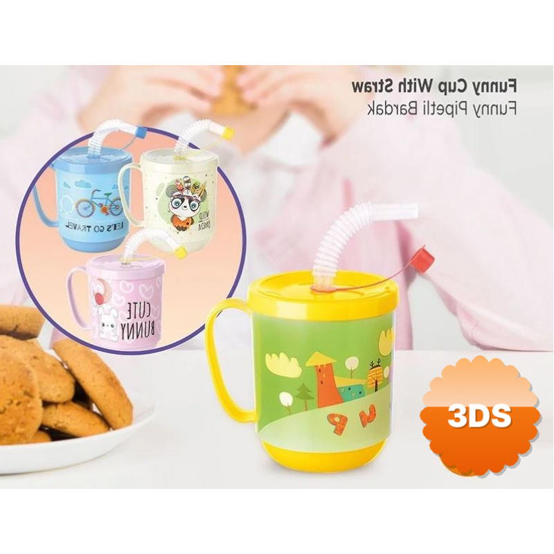 Funny Pipetli Çocuk Içecek Bardağı Desenli Bardak 350ml