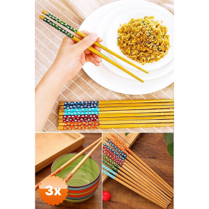 3 Adet Bambu Chopstick Çubuk Yemek Çubuğu Yıkanabilir Tekrar Kullanılabilir (3 Çift - 6 Adet)