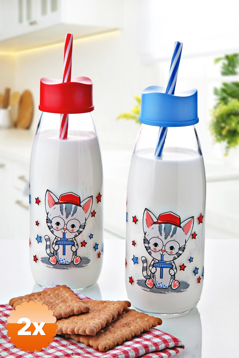 2 Adet Hayvan Figürlü Pipetli Su Ve Süt Şişesi Cam 500 Ml
