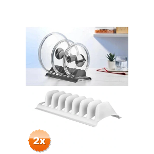 2 Adet Beyaz - 8 Bölmeli Tencere Kapak Rafı - Simple Tabaklık - Kapak Organizeri