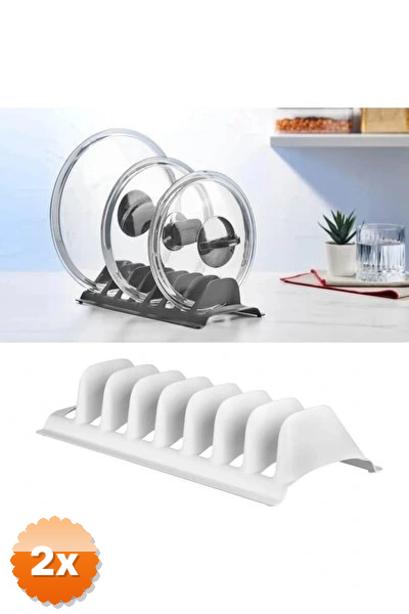 2 Adet Beyaz - 8 Bölmeli Tencere Kapak Rafı - Simple Tabaklık - Kapak Organizeri