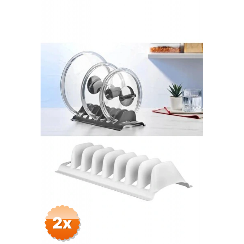 2 Adet Beyaz - 8 Bölmeli Tencere Kapak Rafı - Simple Tabaklık - Kapak Organizeri