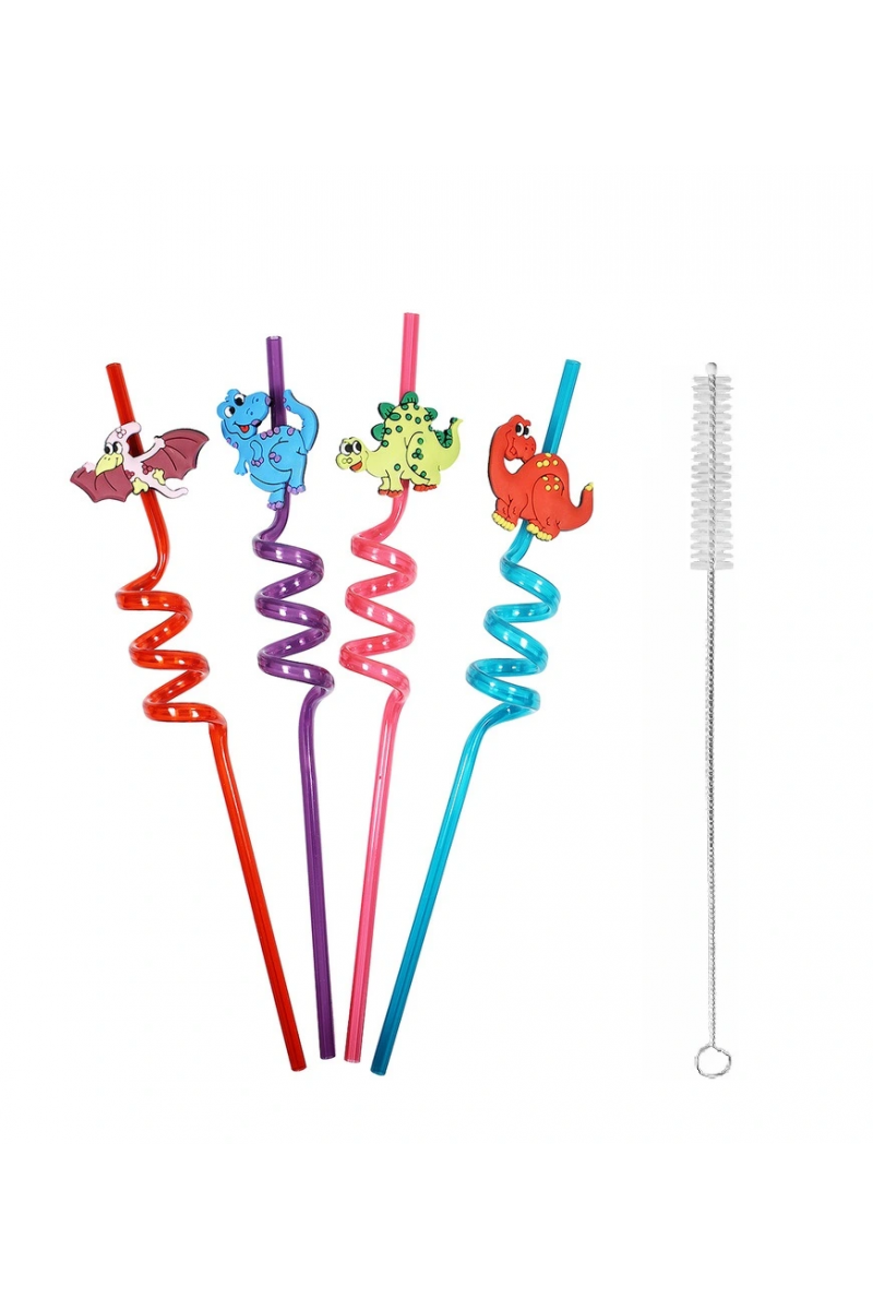 5 Parça Renkli Pipet Seti - Emojili Spiral Kokteyl - Çocuk Pipeti Temizleme Fırçalı
