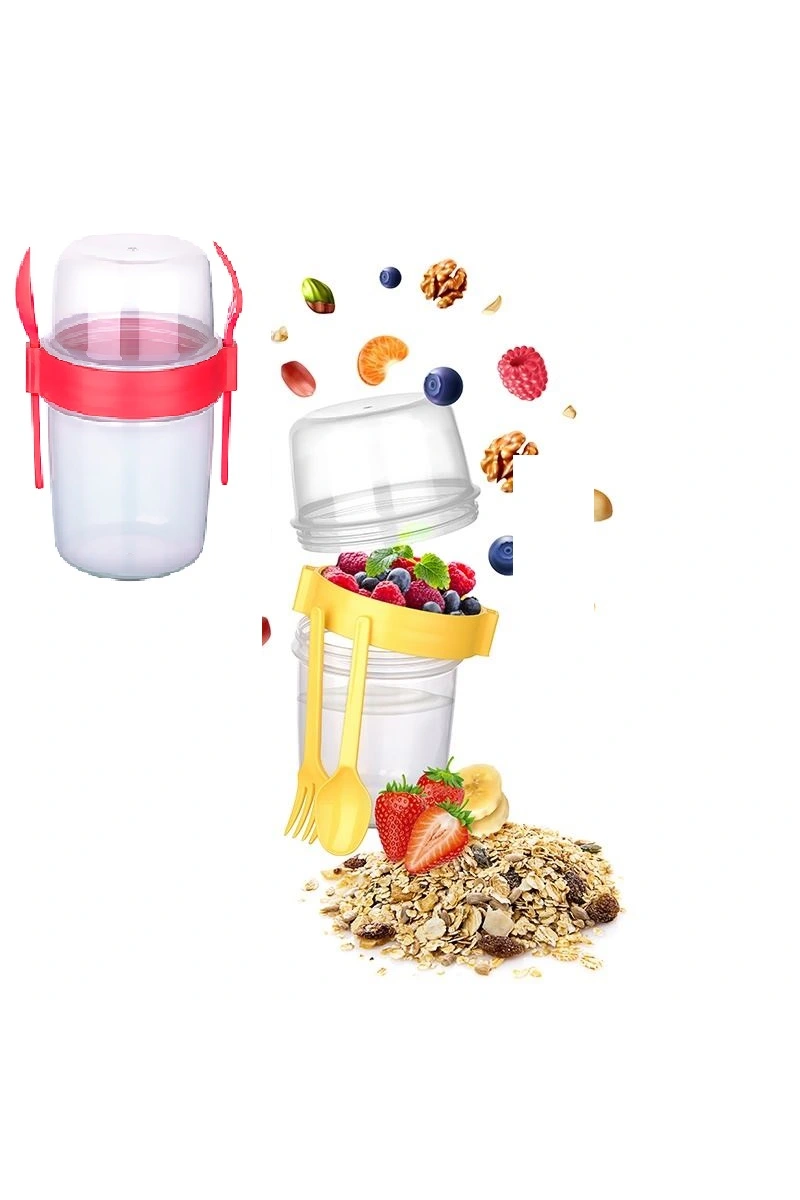 Çift Hazneli - Çatal Kaşıklı Portatif Müsli - atıştırmalık Kabı 500 Ml