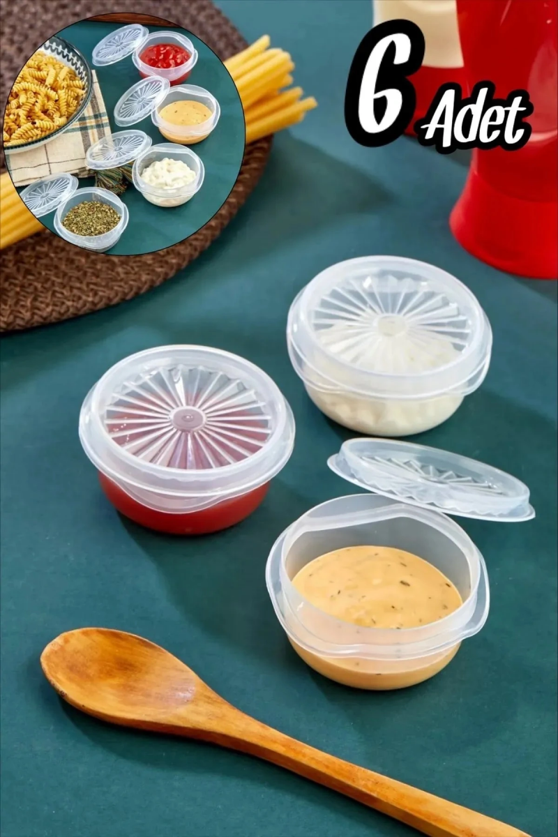 6 Lı Yelpaze Kapaklı Şeffaf Mini Sosluk - Ketçap Mayonez Kabı - Kahve Yanı Şeker Lokumluk