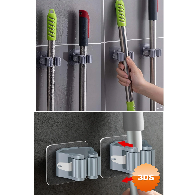 3 Lü Renkli Yapışkanlı Mop Fırça Çek Pas Sap Tutucu Organizer Mutfak Banyo Düzenleyici