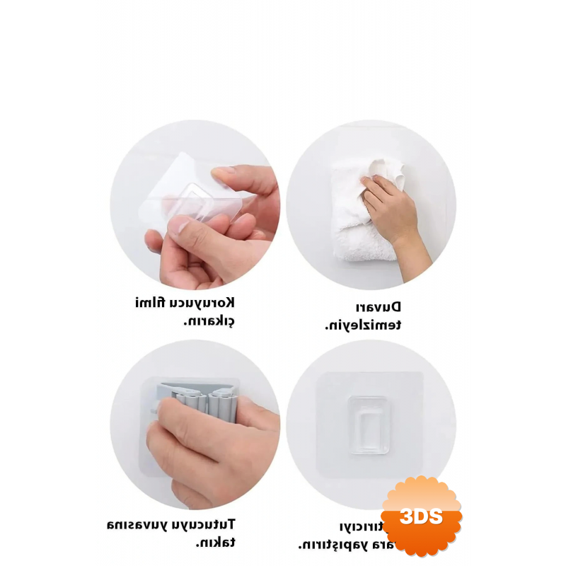 3 Lü Renkli Yapışkanlı Mop Fırça Çek Pas Sap Tutucu Organizer Mutfak Banyo Düzenleyici