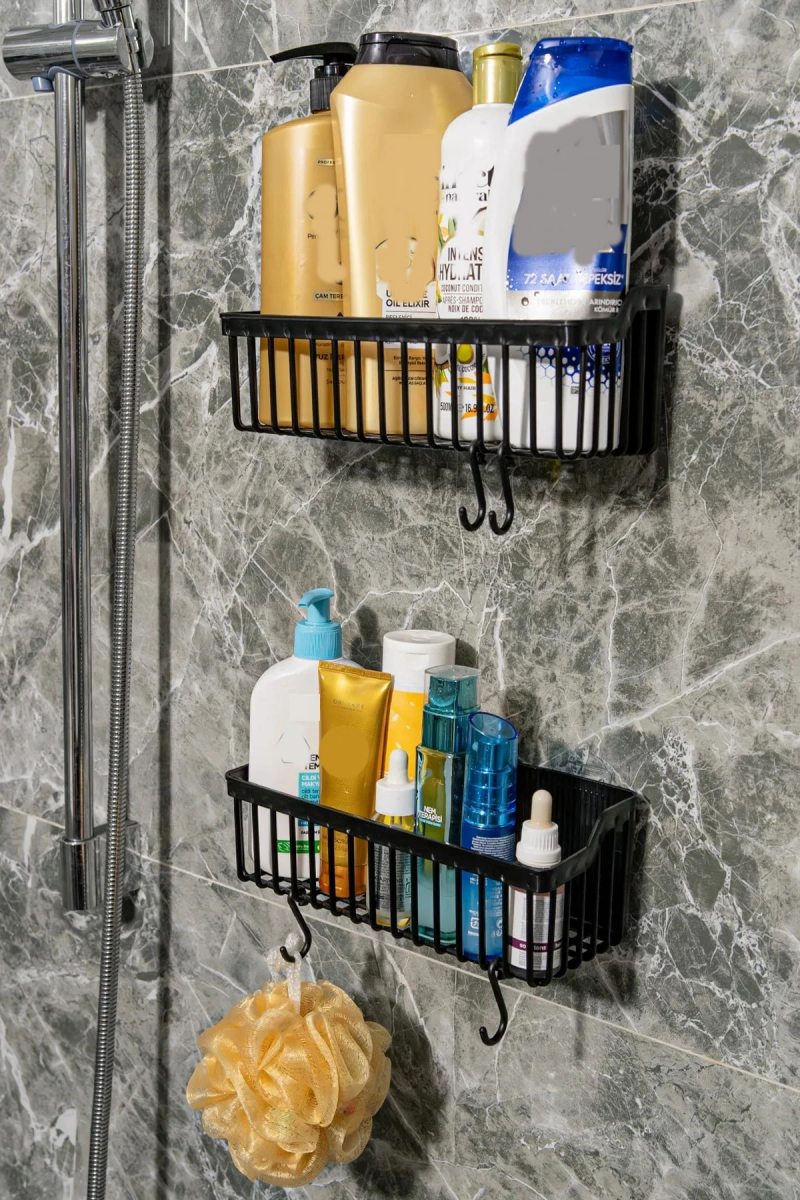 2 Li Plastik Yapışkanlı Askılı Mutfak - Banyo Rafı Düzenleyici Duş Şampuanlık