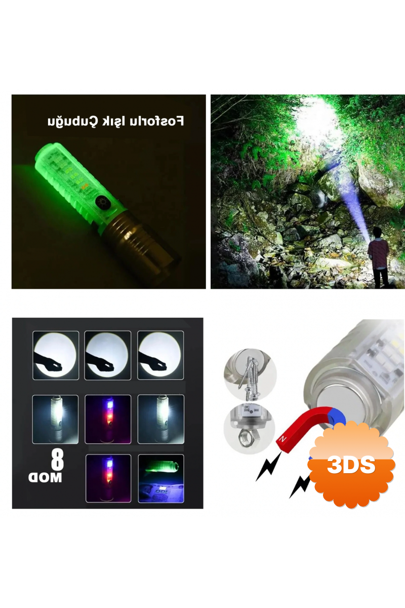 El Feneri 8 Mod Şarjlı Fosforlu Mıknatıslı Led El Feneri
