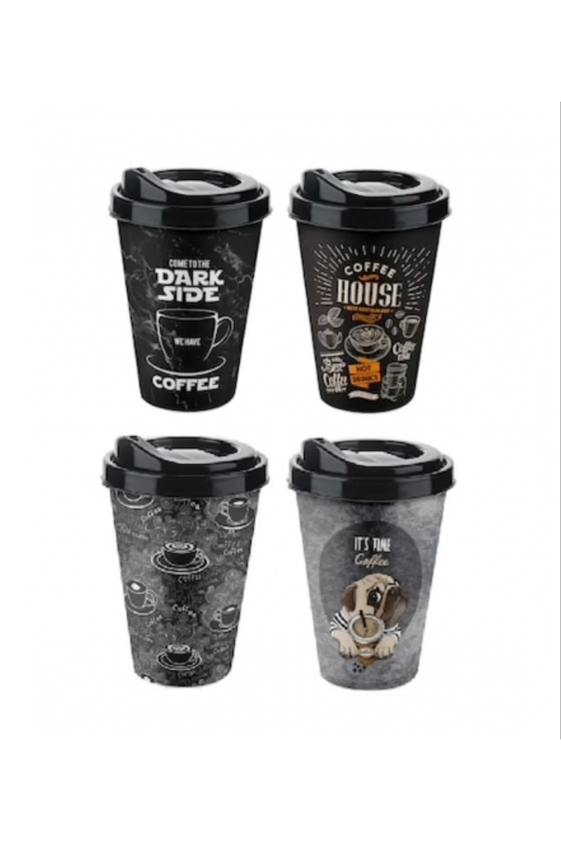 4 Adet Kahve Bardağı - Kapaklı Desenli 400ml