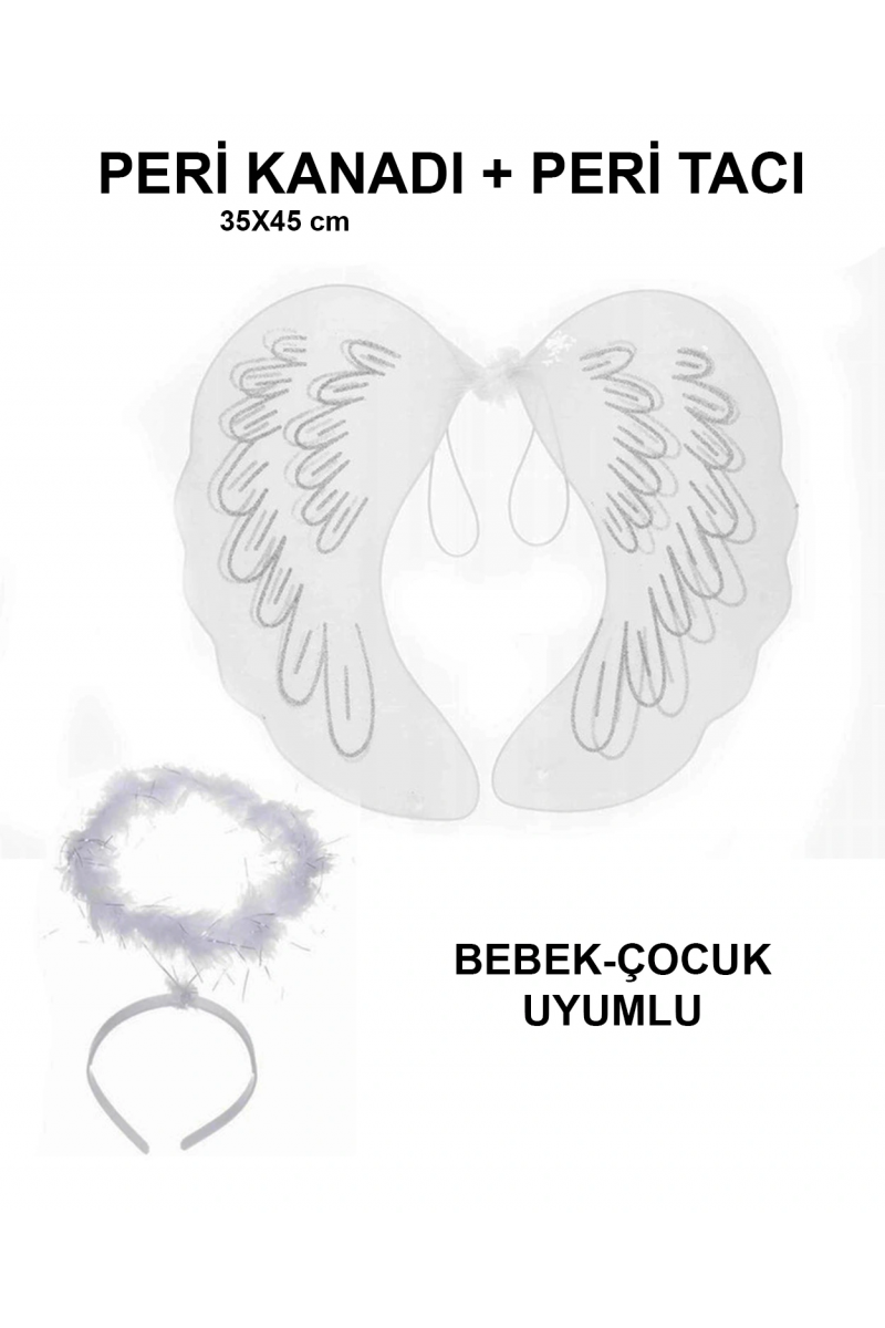 Beyaz Dantel Tüllü Peri Kanadı Ve Peri Tacı Seti 45x40 Cm