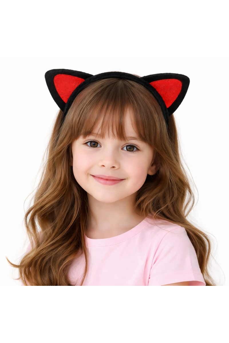 Peluş Kedi Kulak Taç Kırmızı Siyah – Çocuk Parti & Kostüm Tacı